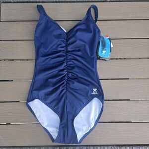 TYR Women's Solid Navy Front Shirred Tank One Piece Swimsuit Suit Sz 8 New